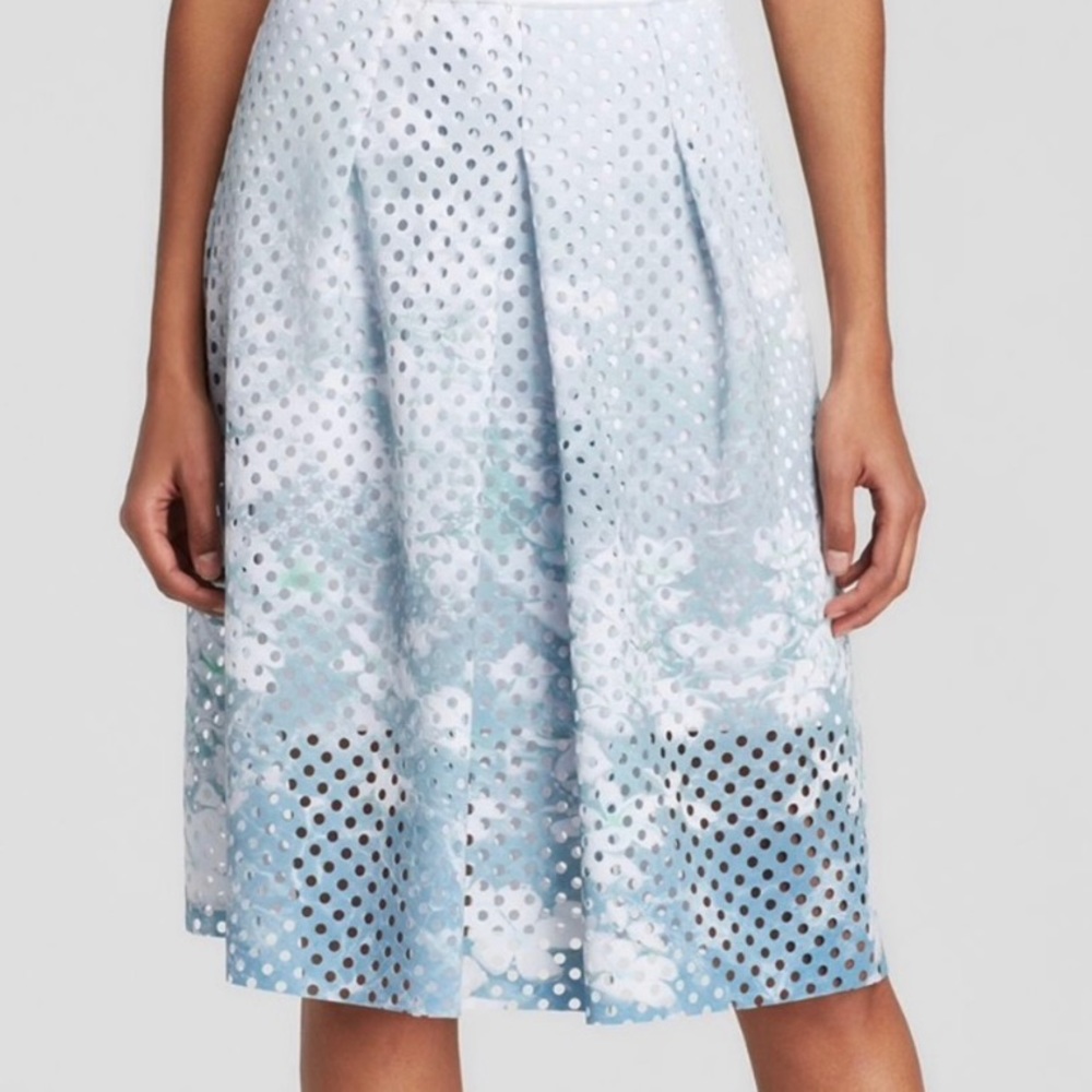ELIE TAHARI Mirella Perforated Scuba Pleated Green Midi Skirt